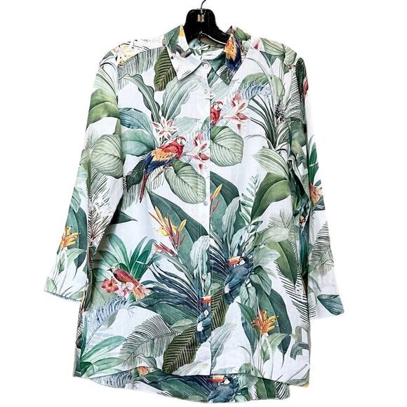 iLinen Lifestyle Parrot Tropical Linen Button Up Maxi Blouse Pockets White Sz L - Picture 6 of 10